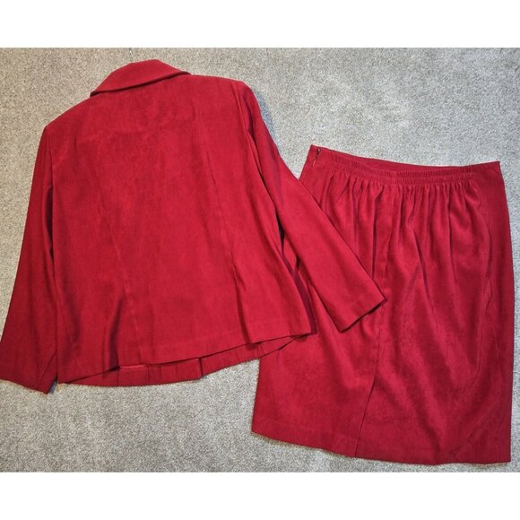 Leslie Fay 2 Pc Skirt Suit Faux Suede Red Elastic Waist Professional Petite 14WP - Picture 2 of 16